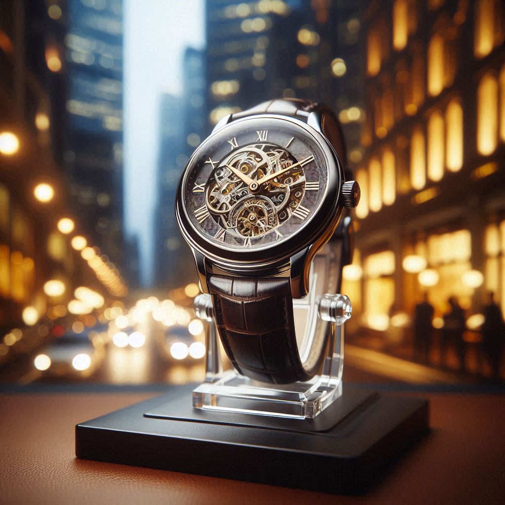 “Luxury watch with a detailed band in an urban evening setting”