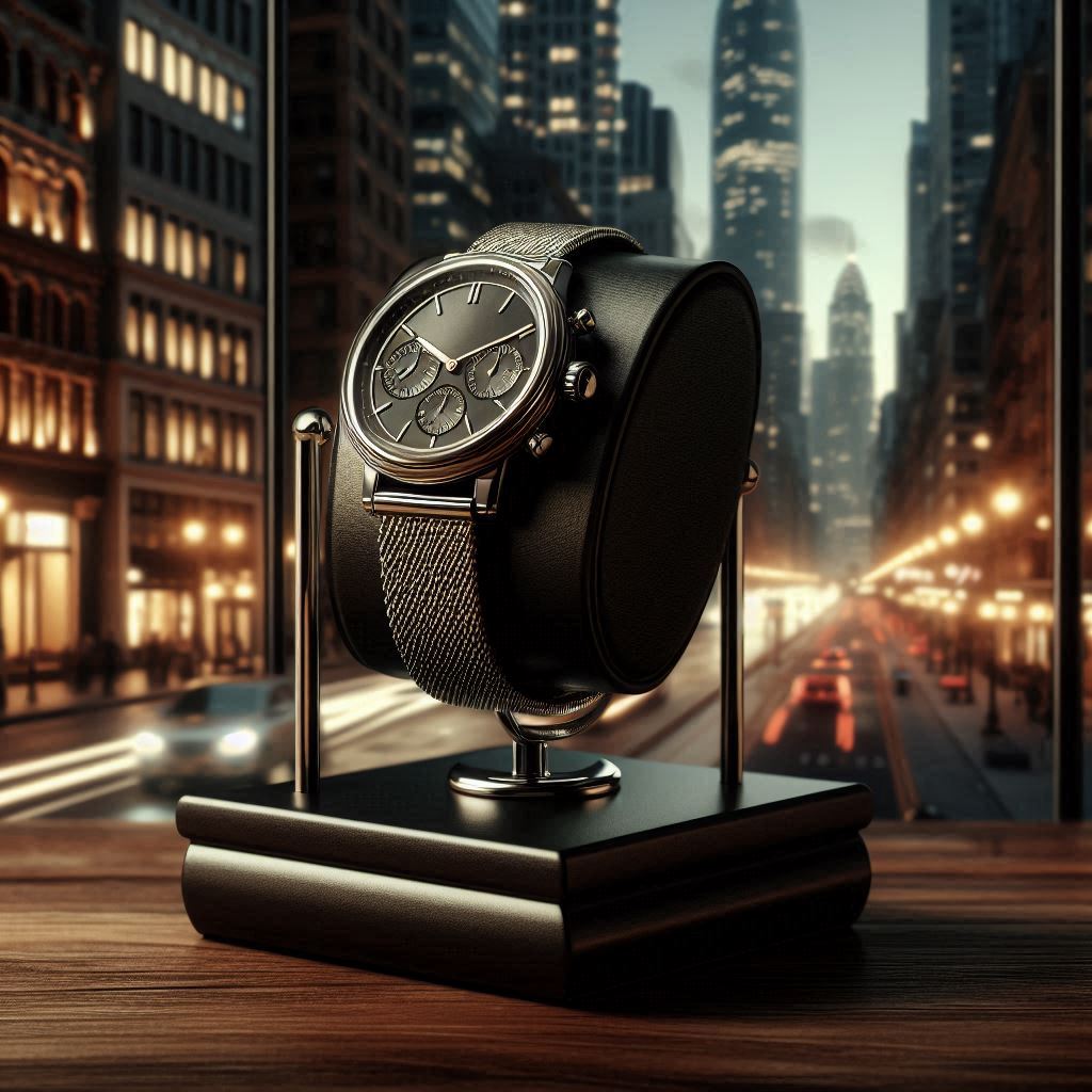 “Close-up of a watch face with elegant cityscape background”