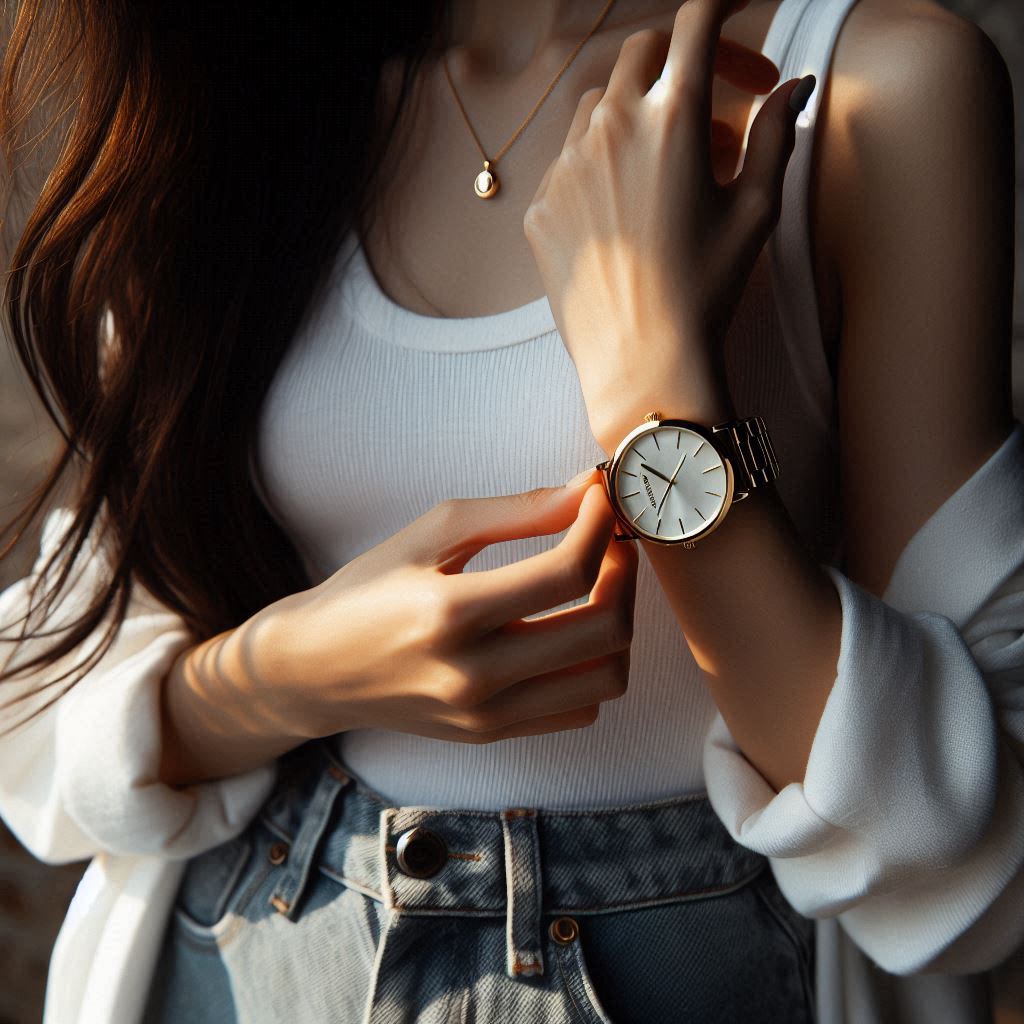 "Michael Kors Runway Gold-Tone Watch worn with casual attire, showcasing sleek design."