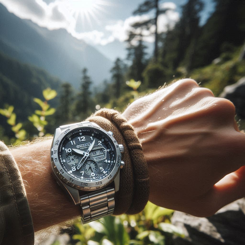 "Seiko SNAD05 Flight Computer Watch worn on wrist during outdoor activities, showing stainless steel design and rugged durability"