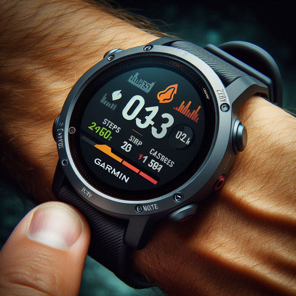 "Garmin smartwatch with a heart rate monitor and customizable data fields for fitness tracking."