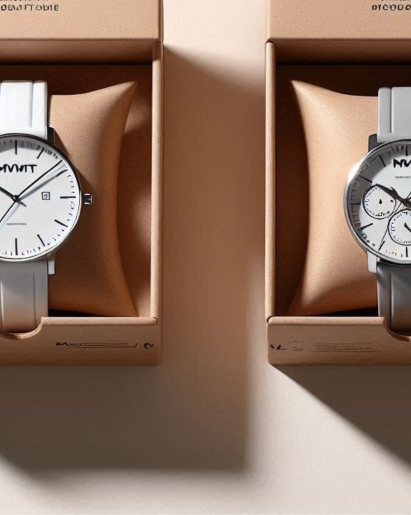 "Comparison of MVMT Minimalist and Chronograph Watches with their Amazon-branded packaging"