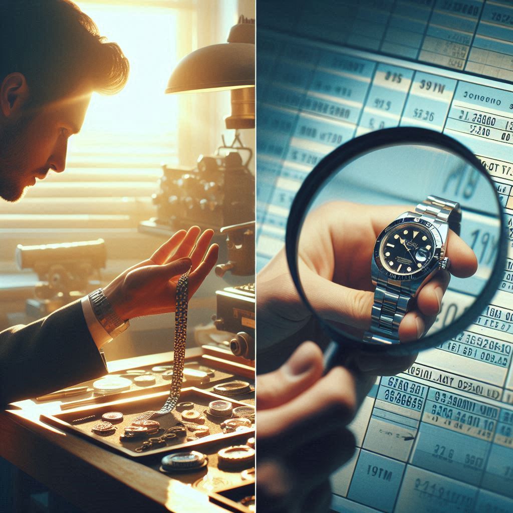 “A split-screen image showing a magnifying glass focusing on the Rolex serial number and a computer screen displaying a vintage Rolex serial number chart.”